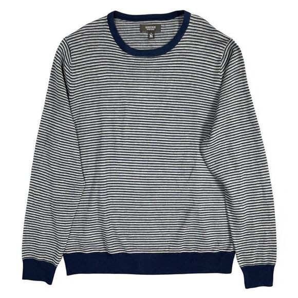 Nordstrom Mens Shop Striped Merino Wool Blend Sweater L Knit Washable Crew Blue - Picture 1 of 9